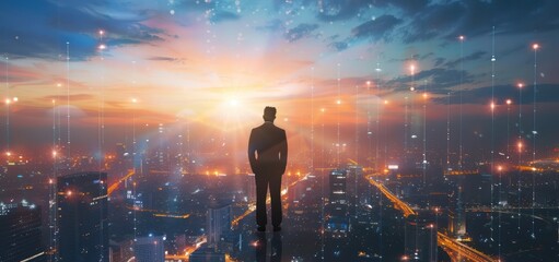 A Man Standing in Front of a City Skyline During Sunset