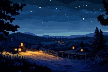 A serene night scene with a village nestled amongst the mountains, bathed in the warm glow of streetlights, with a clear, star-filled sky overhead.