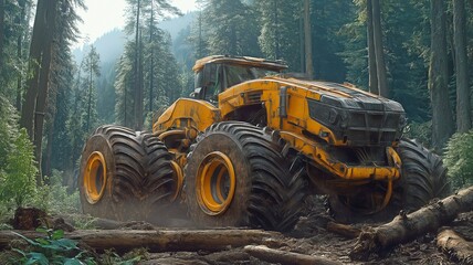 Working in a forest, beneath the cover of trees, a big tractor with tough tires dodges past fallen logs.