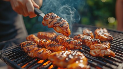 At a boisterous get-together with friends for a summer BBQ on a beautiful day, someone turns over marinated chicken on the grill.