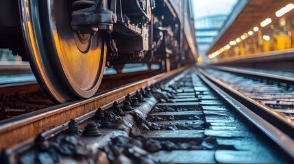 Close up of Train Wheels Stopping at Station Platform