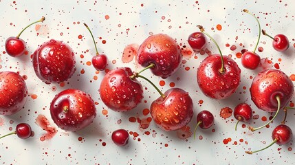 Beautiful geometric seamless pattern with hand drawn watercolor blue stripes and red cherries. Stock illustration. Wallpaper design