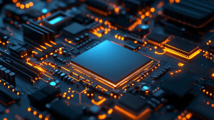 Fototapeta premium Close-up view of a circuit board with glowing components, showcasing modern technology and intricate electronic designs.