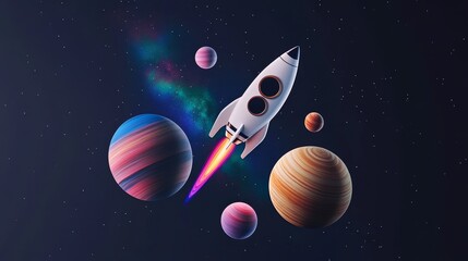 Naklejka premium Cute astronaut floating with a rocket among planets, layered over a serene night sky with shooting stars and colorful auroras, in double exposure