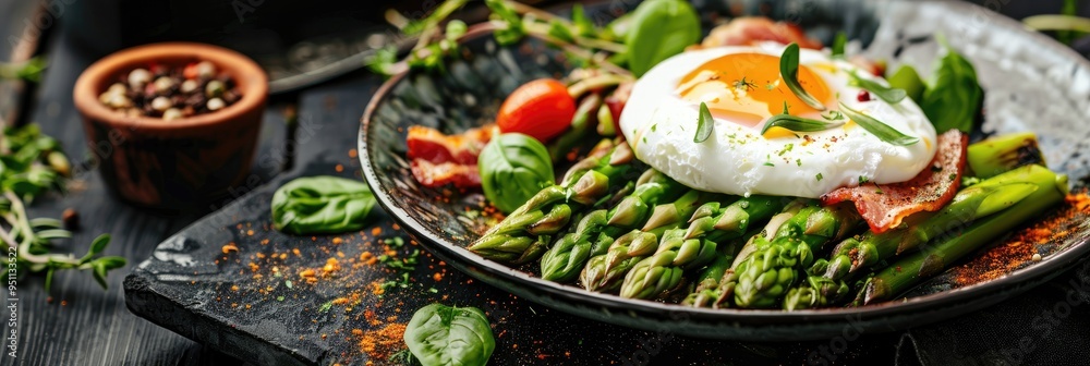 Canvas Prints Asparagus with Poached Egg, Crispy Bacon, Microgreens, and Spices in a Homemade Breakfast Setting