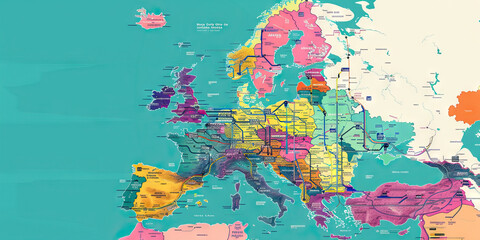 Obraz premium Color-Coded Map: Public Transportation Coverage by City in Europe