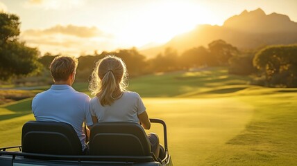 Fototapeta premium couple enjoying a round of golf together while driving a buggy along the course