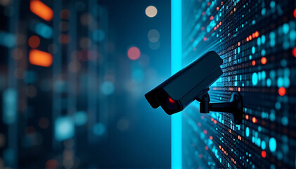 An image of a surveillance camera on a background of blazing binary code, signifying the convergence of digital information streams and security technologies. 
