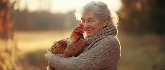 An old lady with a chicken in her hand. The elderly farmer is overjoyed with her herd.