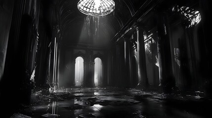 Majestic Throne Hall in Ruins Shattered Dome and Blackened Walls in a Desolate Setting