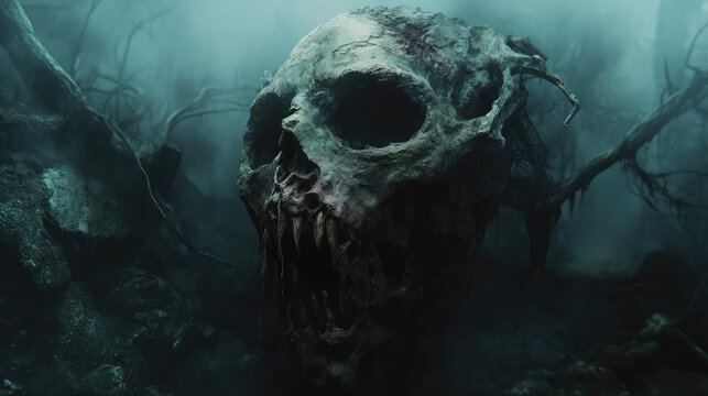 A chilling image of a grotesque mask with decaying flesh and exposed bones, set against an eerie, misty backdrop.