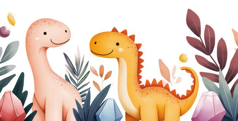 Cute cartoon dinosaurs in a lush jungle, double exposure blending their shapes with colorful crystals and gemstones, creating a magical prehistoric vibe