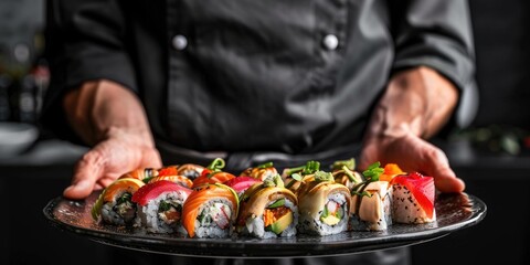 Chef displaying a platter filled with assorted sushi rolls.