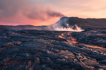 Fototapeta premium Volcanic Landscape at Sunrise: The Menacing Silhouette of a Looming Volcano