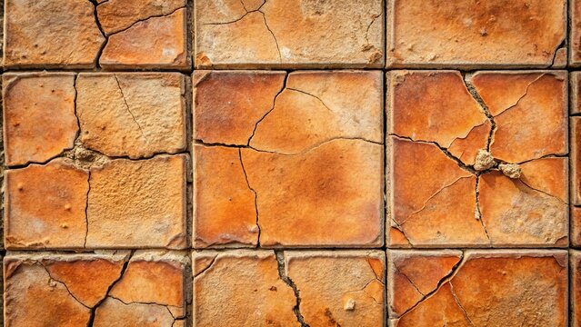 Close up view of weathered terracotta tile background with cracks and rustic appearance, perfect for design and architecture projects
