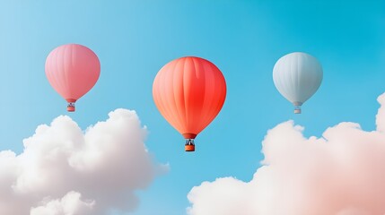 Fototapeta premium Surreal scene with hot air balloons in pastel hues, merged with flowing wisps of clouds through double exposure, a touch of whimsy in the sky