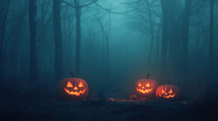 Naklejka premium Halloween background with pumpkins and haunted house - 3D render. Halloween background with Evil Pumpkin. Spooky scary dark Night forrest