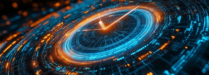 Future-looking timepiece visage with digital data all around it is counting down.