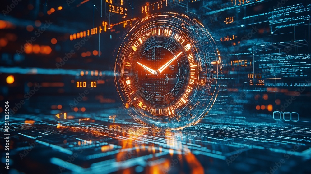 Wall mural future-looking timepiece visage with digital data all around it is counting down.