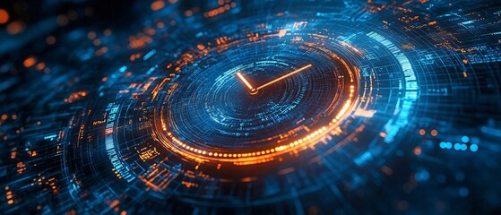 Future-looking timepiece visage with digital data all around it is counting down.
