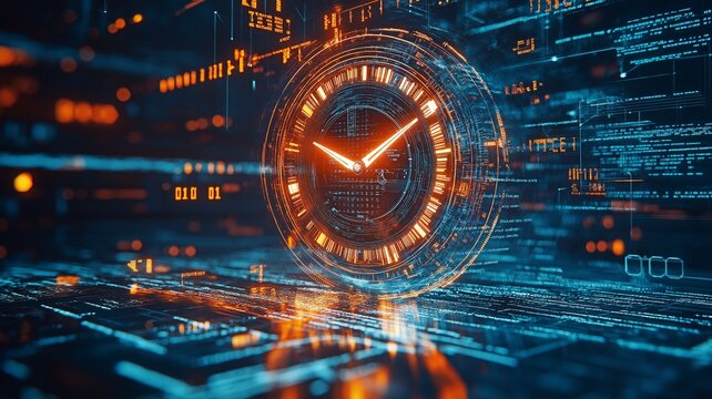 Future-looking timepiece visage with digital data all around it is counting down.
