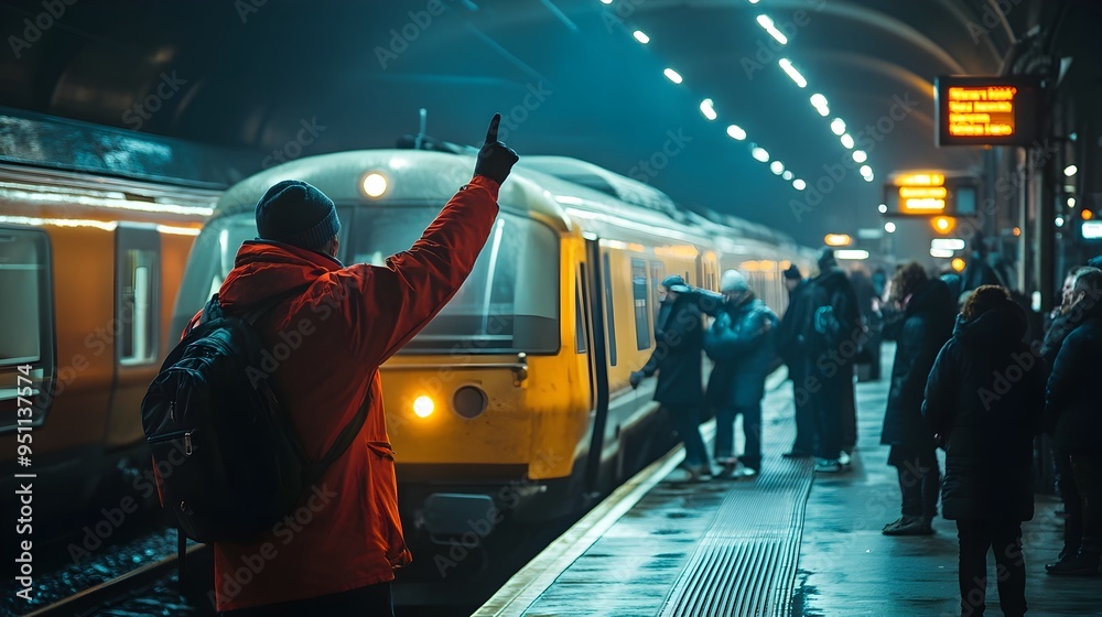 Poster train conductor signaling passengers boarding busy platform