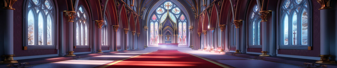 Obraz premium An ornate gothic archway, its rich maroon and gold detailing, framing a vibrant red carpet leading to the altar.