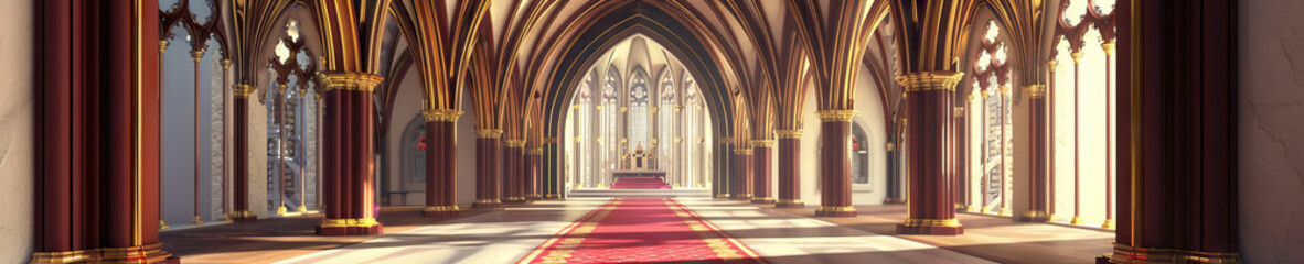 Obraz premium An ornate gothic archway, its rich maroon and gold detailing, framing a vibrant red carpet leading to the altar.