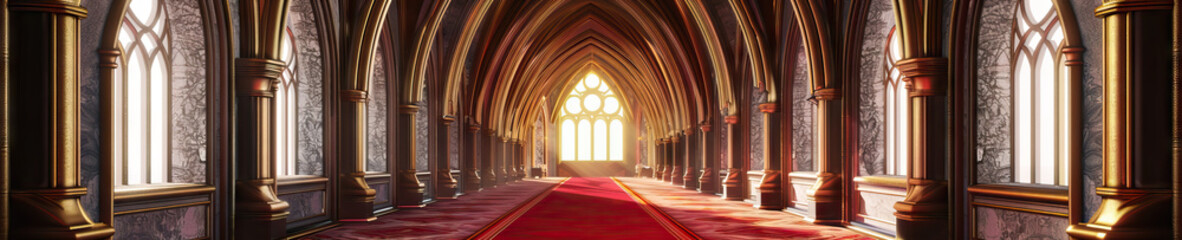 Fototapeta premium An ornate gothic archway, its rich maroon and gold detailing, framing a vibrant red carpet leading to the altar.
