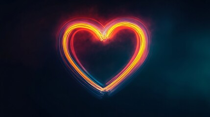 Neon heart shape made from light trails on a dark background.