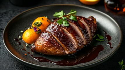 Roasted duck breast with orange slices and sauce on a black plate.