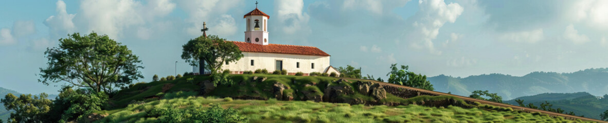 Simple Sanctuary: An unadorned Catholic church sits atop a hill, its whitewashed walls and red-tiled roof contrasting against the lush green landscape.