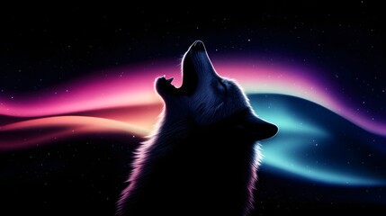 Wolf howling under a vibrant aurora, double exposure blends with neon lights and abstract swirls, creating a bold, mystical scene
