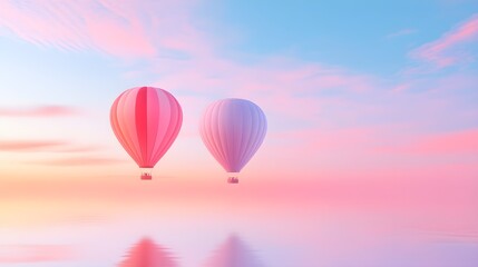Fototapeta premium Serene hot air balloons in pastel skies, with double exposure blending in faint reflections of water, creating a calm, reflective mood