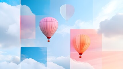 Obraz premium Hot air balloons in soft pastels float amidst a double exposure of abstract cloud shapes, creating a surreal and ethereal sky