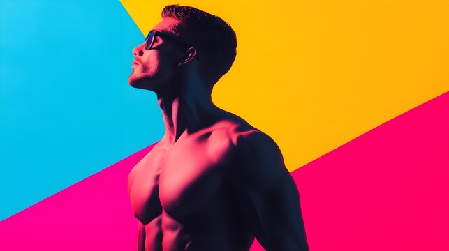 Muscular silhouette with bold graffiti typography inside, blending strength and street art, neon accents, dynamic, energetic vibe