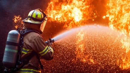 Heroic Firefighter Battling Intense Blaze with Fierce Determination
