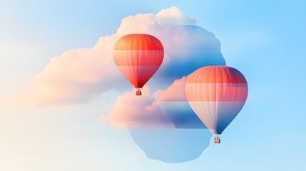 Naklejka premium Hot air balloons in soft pastels float amidst a double exposure of abstract cloud shapes, creating a surreal and ethereal sky