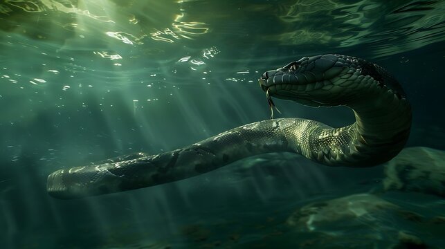 Underwater view of Titanoboa swimming gracefully through a prehistoric lake its body moving with fluid elegance The scene is both serene and ominous highlighting the snake's versatility as a predator