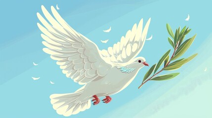 Fototapeta premium cartoon vector colorful cartoon illustration of a winged dove holding an olive branch with a clear blue sky background, symbolizing peace and the Holy Spirit