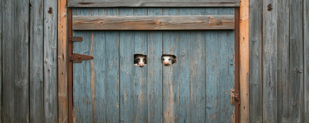 A close-up of a barn door with animals peeking through