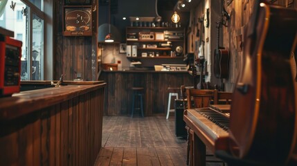 Rustic Bar Interior with Piano and Guitar