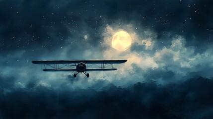 An old-fashioned plane soaring through the night, moonlight illuminating its path, with stars scattered across the dark sky, watercolor art