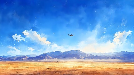 Naklejka premium A solitary airplane cuts through the bright blue sky over a vast desert, with the intense sunlight creating a stark contrast against the sandy terrain, watercolor art