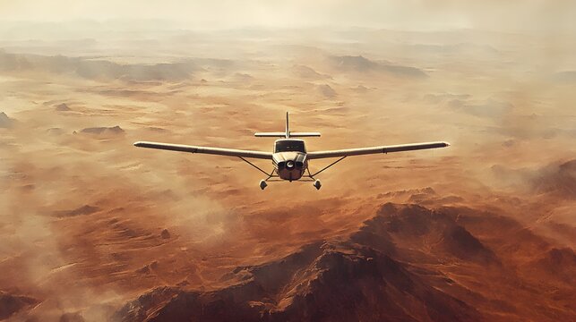 A small plane flies over a sprawling desert under the harsh midday sun, the landscape below painted in soft, muted watercolor tones, emphasizing the heat