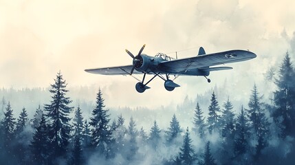 Fototapeta premium Vintage aircraft flying low over a pristine snowy forest, pine trees stark against the soft watercolor sky, highlighting the harmony between machine and nature