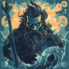 Poseidon, Greek God of the Sea, with Trident and Waves