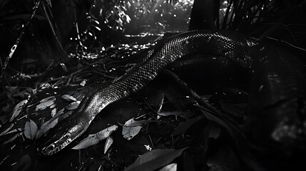 Fototapeta premium Black white image of a Titanoboa slithering through a dense forest at night its form barely visible except for the glint in its eyes The scene exudes a sense of lurking danger