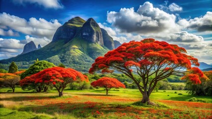 Majestic mountain landscapes of Mauritius with vibrant red flame trees , Mauritius, island, mountain, landscape