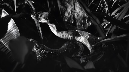Black white image of a Titanoboa slithering through a jungle at night its silhouette barely visible in the darkness The scene exudes a sense of mystery and danger